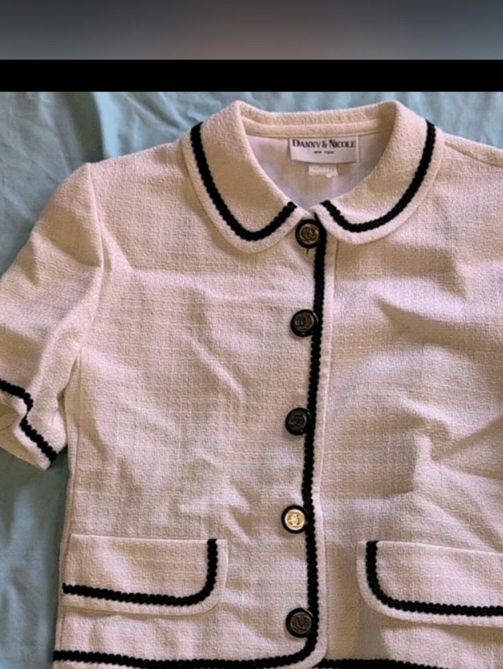 Danny & Nicole Cream Tweed Short Sleeve Jacket with Black Trim